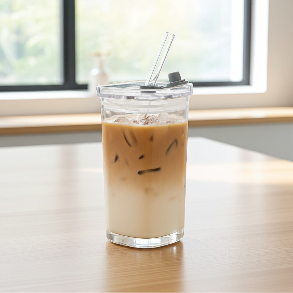 Värmetålig Glas­mugg med Lock & Sugrör