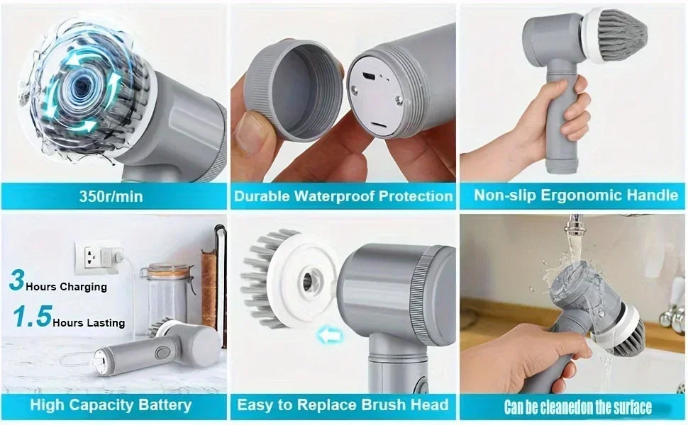 Elektrisk Rengöringsborste Sladdlös med 6 Borsthuvuden