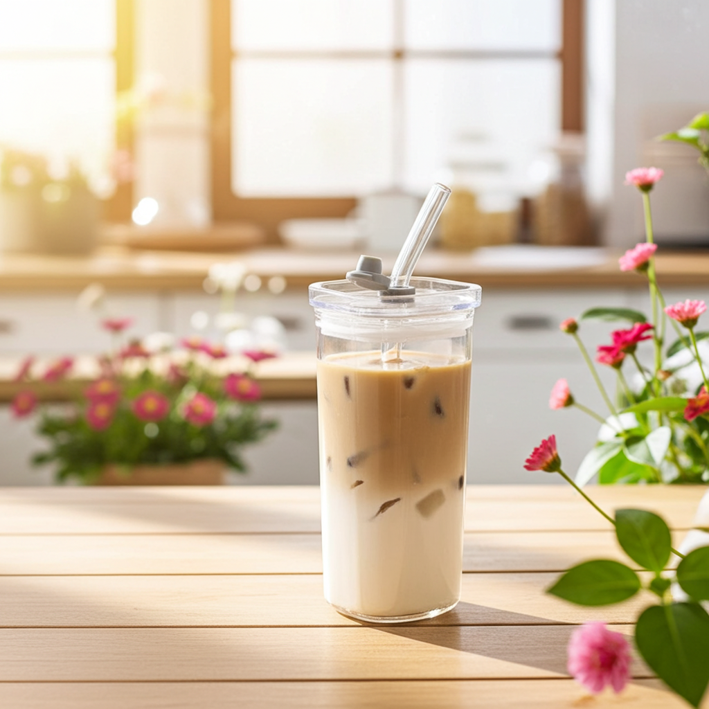 Värmetålig Glas­mugg med Lock & Sugrör